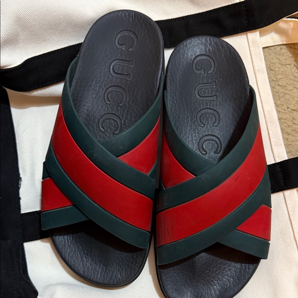Gucci Black Slides with Red and Green Straps